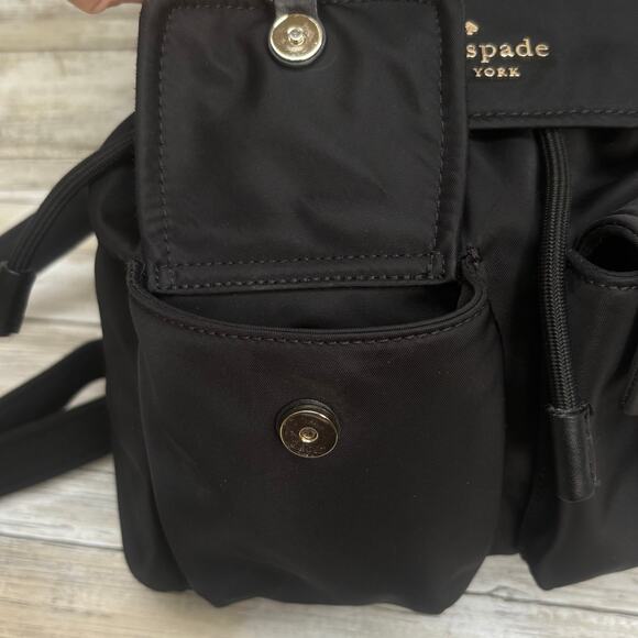 Kate Spade Carley Nylon Flap Backpack Black Drawstring Preppy Casual Athleisure - Picture 9 of 16